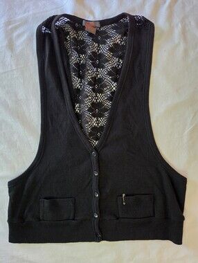 Vintage SoSik Black Knit Cropped Vest Open Lace Back Safety Pin Detail Size M